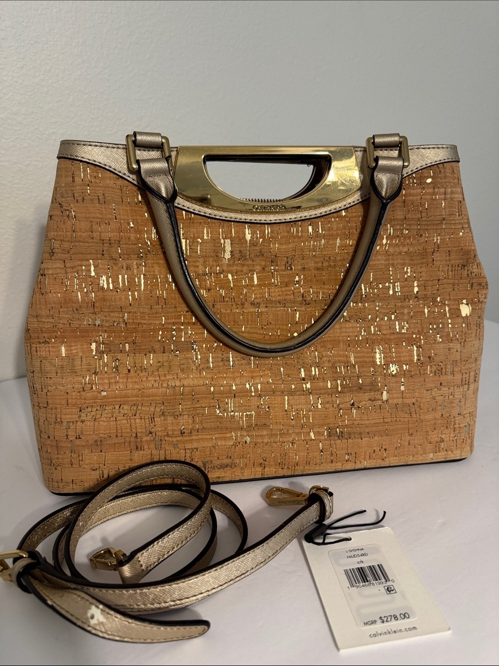 Calvin Klein Cork Satchel with Gold Metallic Accents